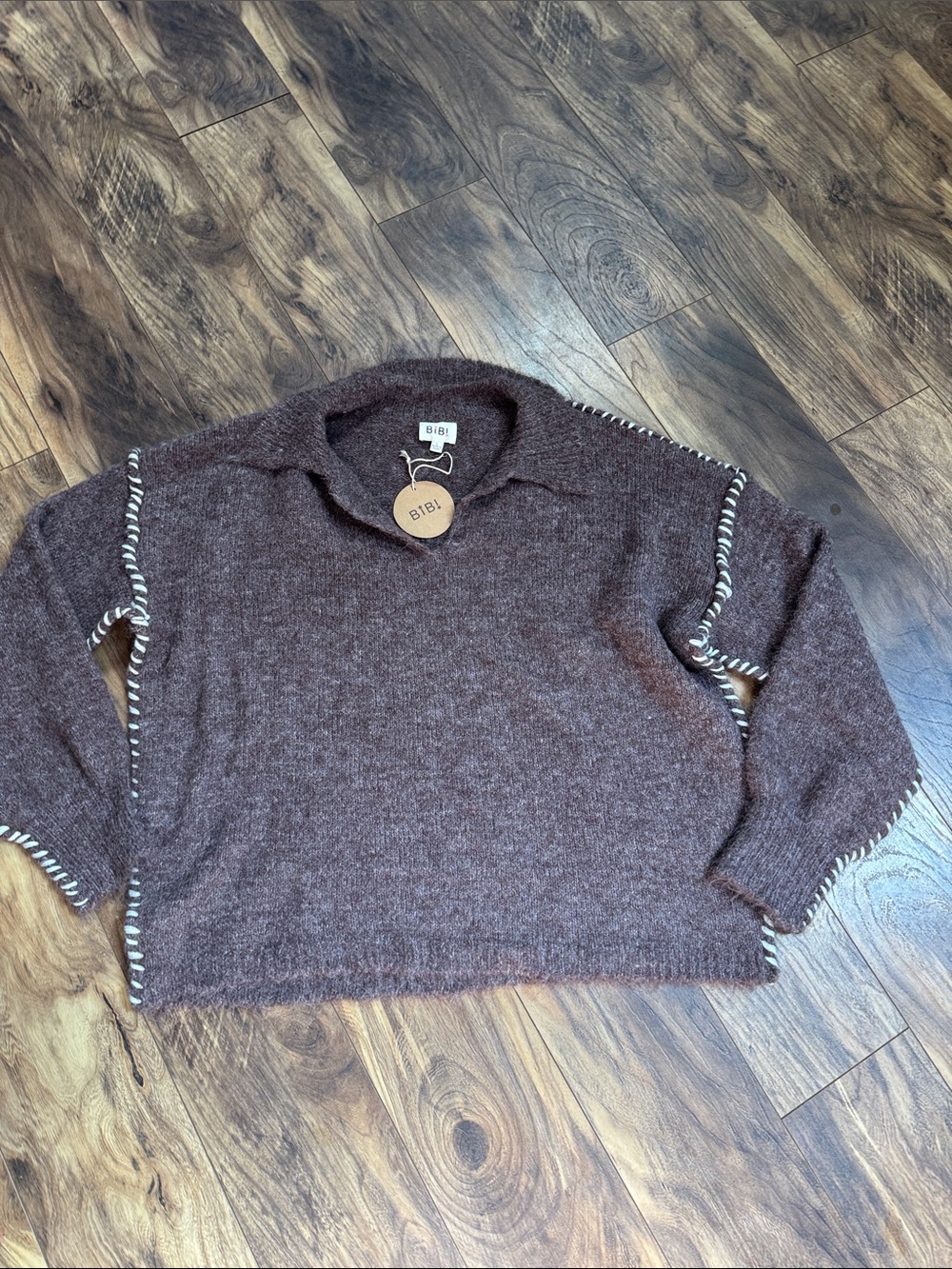 BiBi Marled Brown Cowl Neck Sweater with Contrast Stitching